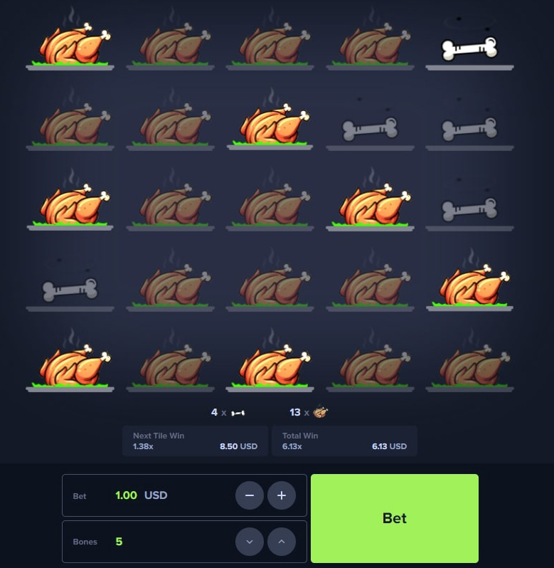 Une capture d'écran d'une interface de jeu montrant une grille avec plusieurs poulets rôtis et quelques os. En bas de l'écran, une victoire totale de 6.13x et un montant de gain de 8.50 USD sont affichés. Il y a des options pour ajuster le montant de la mise et le nombre d'os.