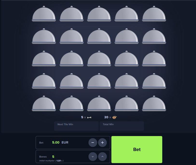 Une capture d'écran d'une interface de jeu montrant une grille de plats couverts. En bas de l'écran, des options pour ajuster le montant de la mise, fixé à 5.00 EUR, et le nombre d'os sont affichées. Il y a aussi un grand bouton vert étiqueté "Miser".